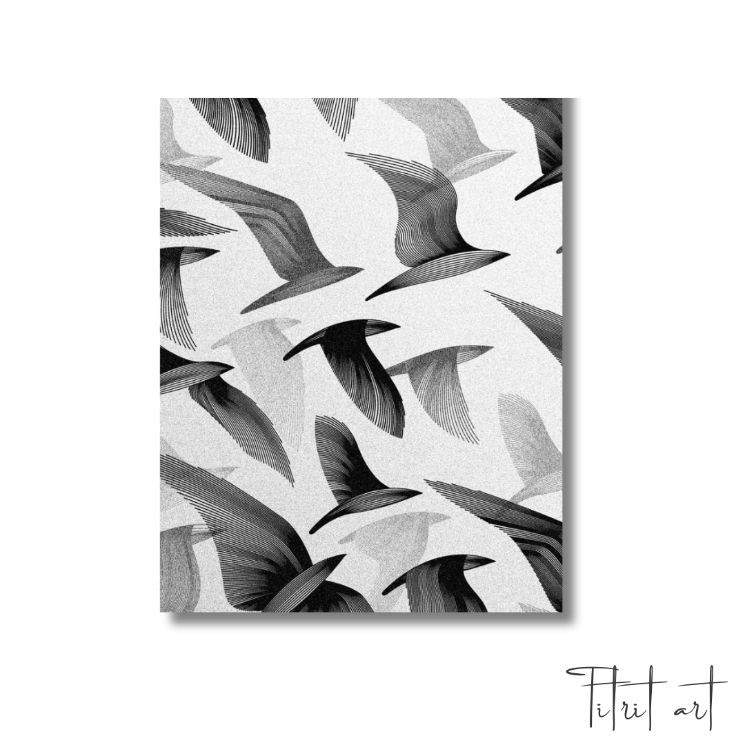 Affiche Murale Abstraite – Oiseaux en Vol Noir & Blanc