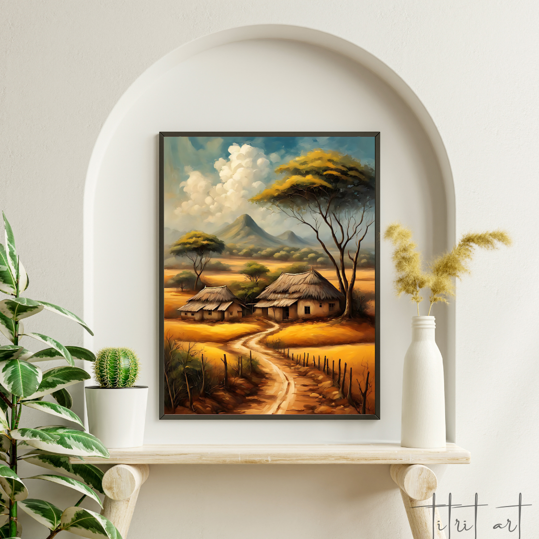 Tableau Déco – Village Africain Traditionnel au Paysage Doré