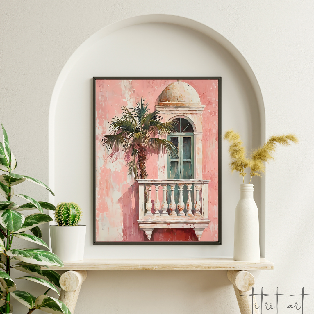 Peinture Murale Balcon Méditerranéen – Façade Rose et Palmier