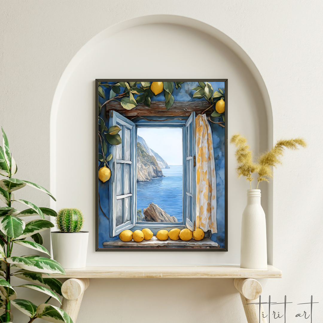Peinture Murale Méditerranéenne – Fenêtre Bleue avec Citrons et Vue sur la Mer