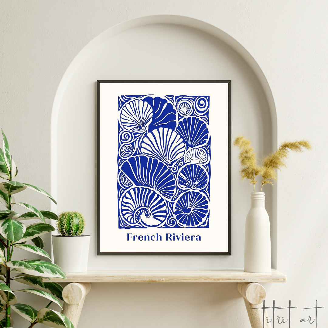 Affiche French Riviera – Illustration artistique coquillages bleus Titrit Art