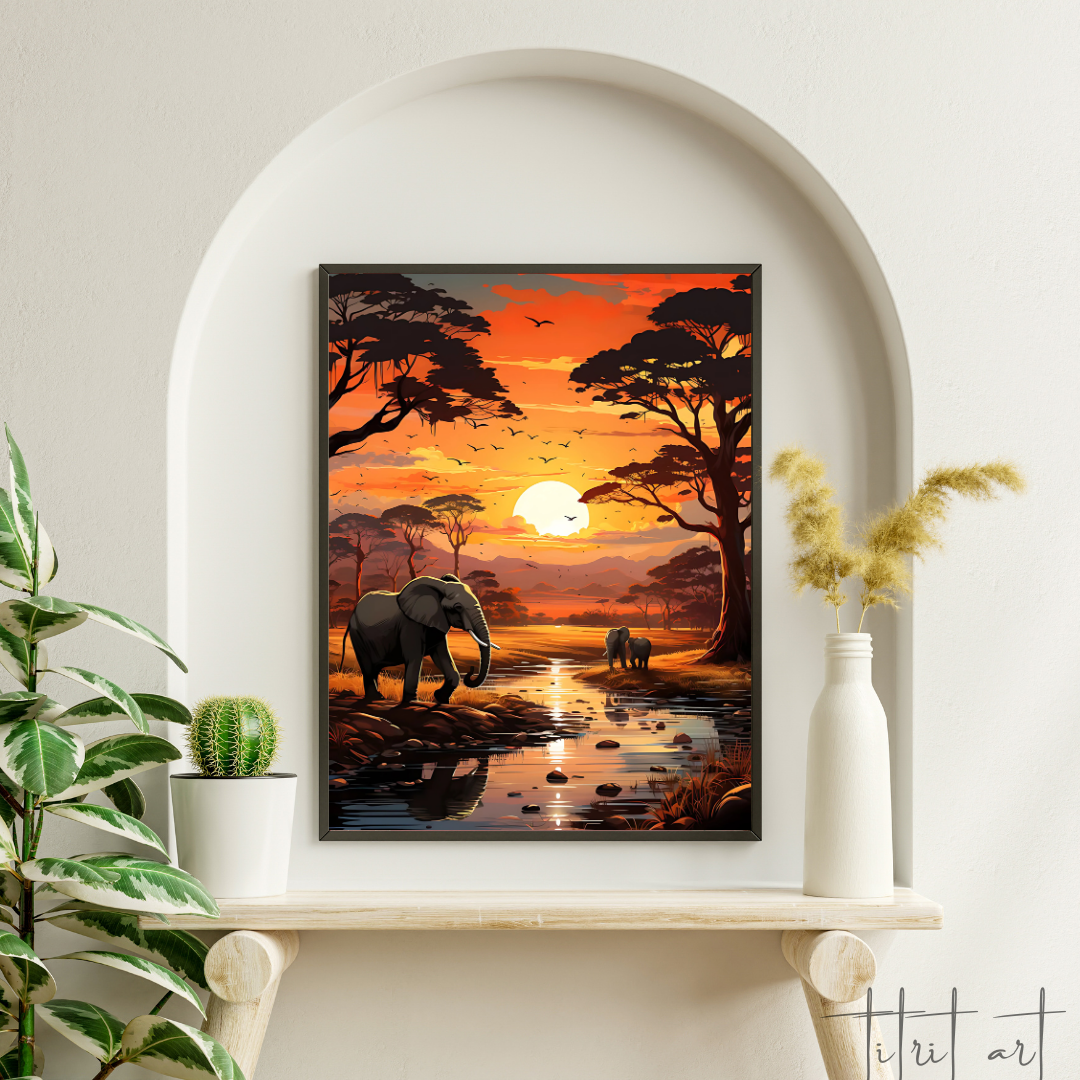 Tableau Déco – Safari Africain au Coucher du Soleil avec Éléphants