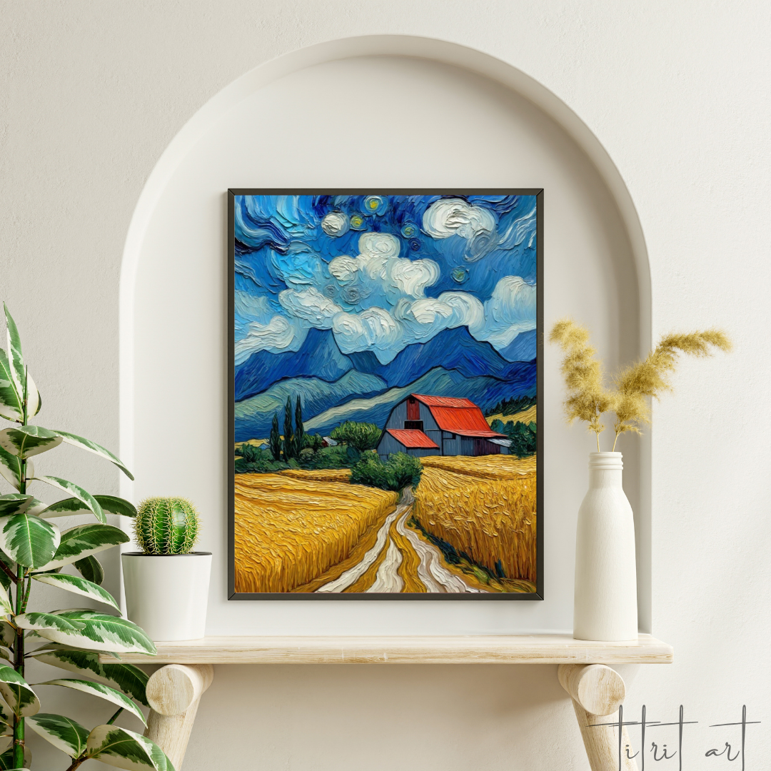 Champ Doré sous Ciel Tourbillonnant – Peinture Texturée Style Van Gogh