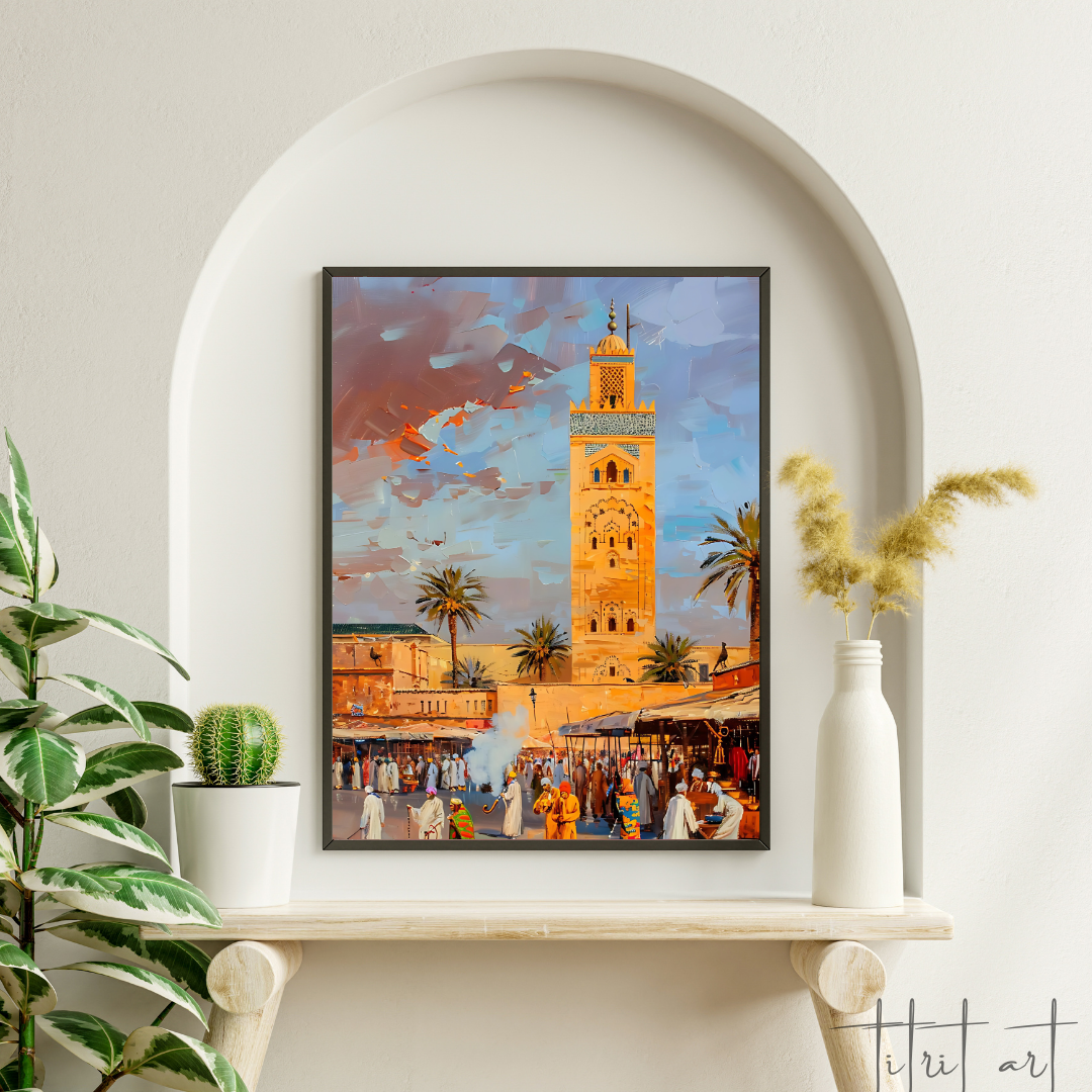 Peinture Murale Marrakech – Scène du Souk avec la Koutoubia
