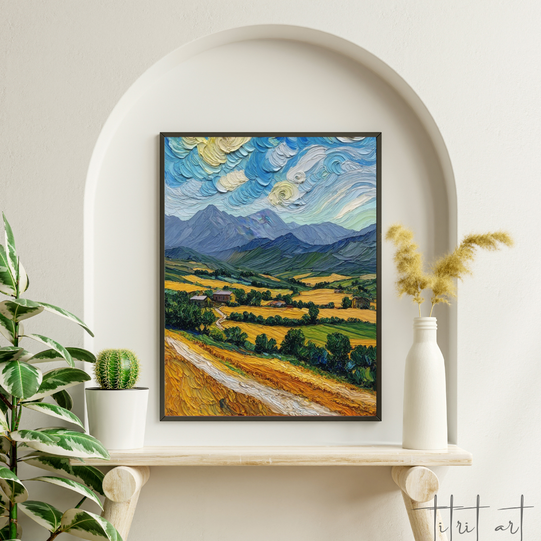 Vallée dorée au pied des montagnes – Peinture au couteau
