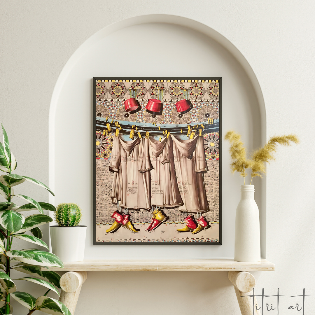 Tableau Déco – Caftans Suspendus et Babouches Marocaines