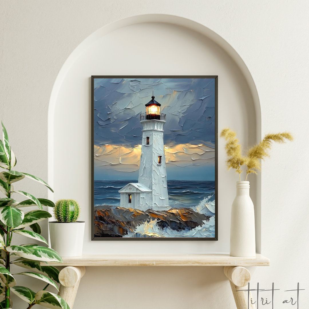 Radiant Lighthouse – Textured Seascape Oil Painting