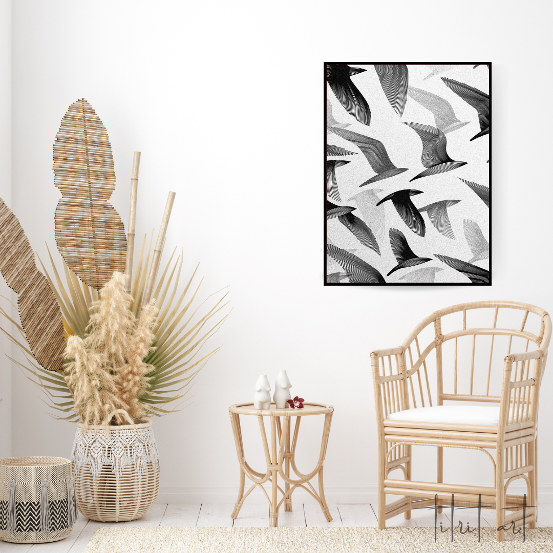 Affiche Murale Abstraite – Oiseaux en Vol Noir & Blanc