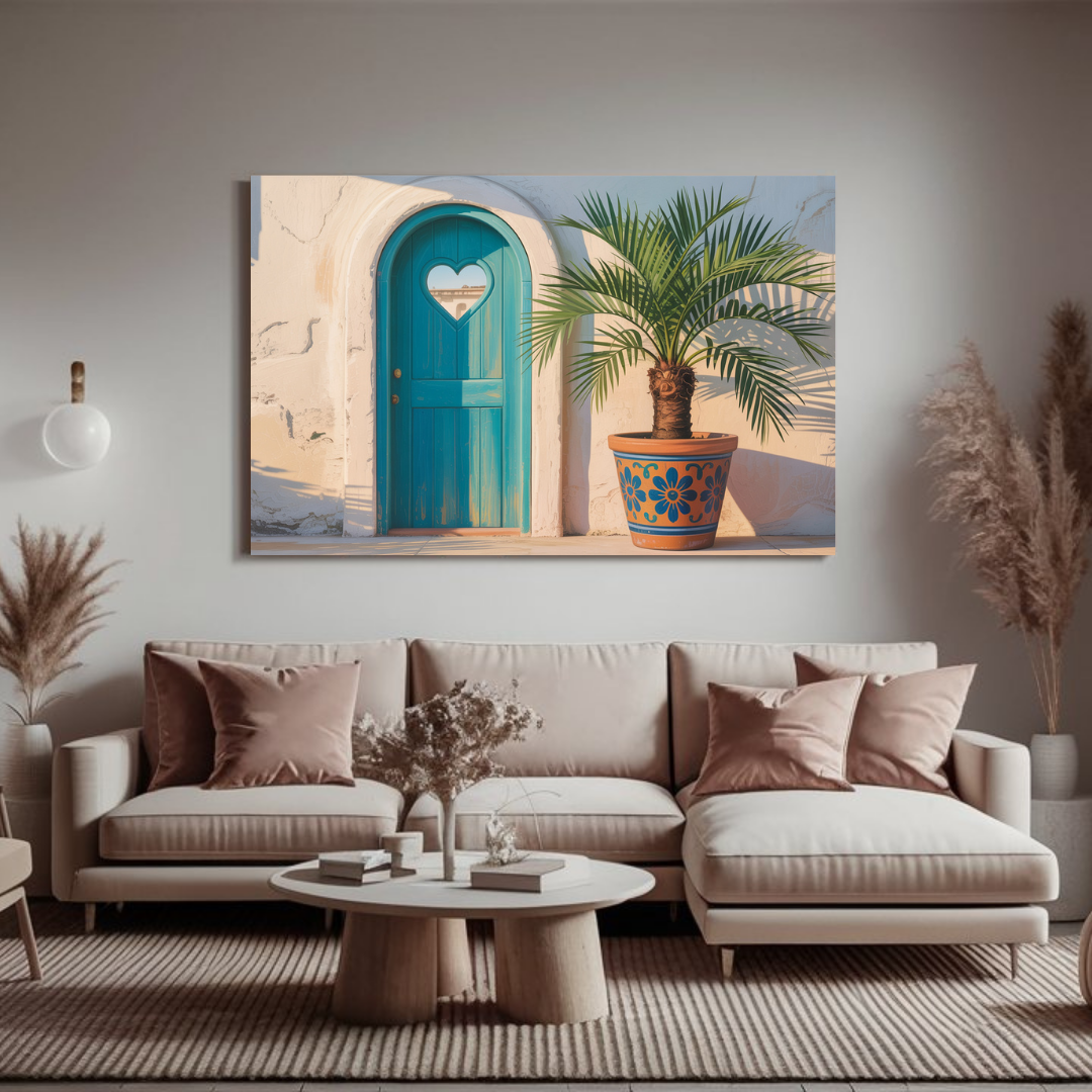 Porte turquoise et palmier – Tableau décoratif méditerranéen