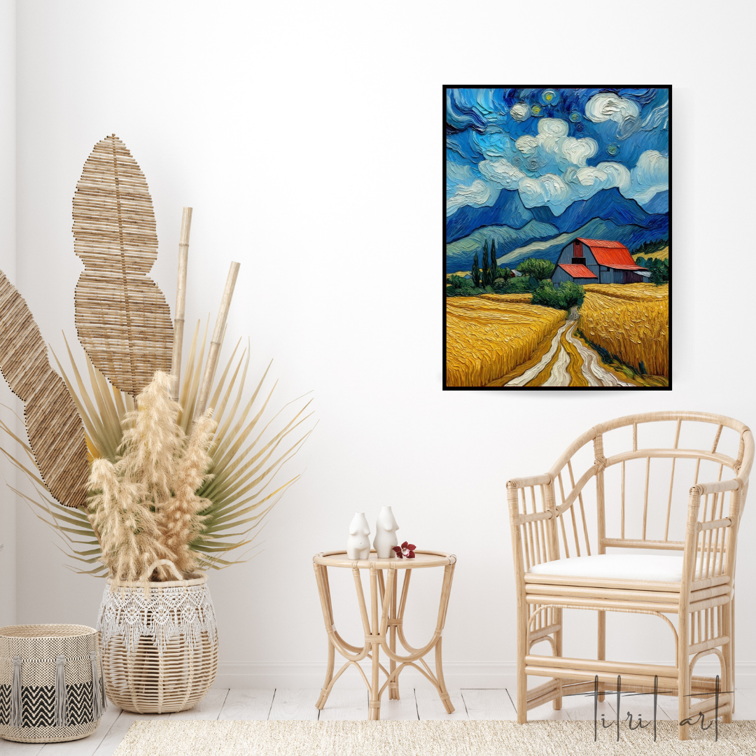 Champ Doré sous Ciel Tourbillonnant – Peinture Texturée Style Van Gogh