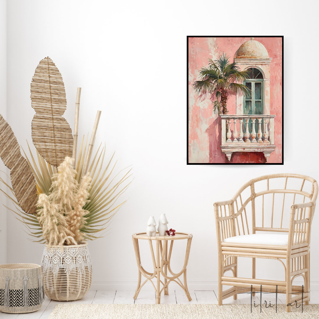 Peinture Murale Balcon Méditerranéen – Façade Rose et Palmier