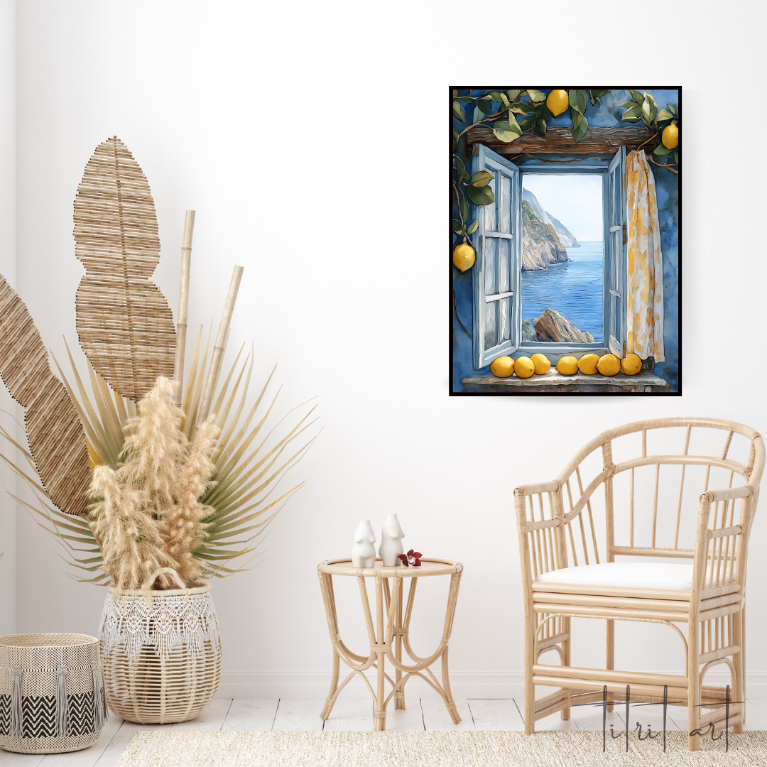 Peinture Murale Méditerranéenne – Fenêtre Bleue avec Citrons et Vue sur la Mer