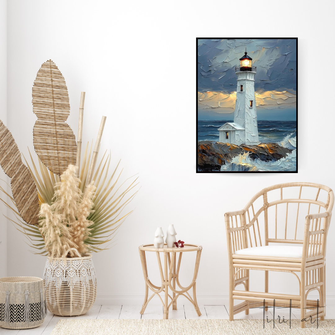 Radiant Lighthouse – Textured Seascape Oil Painting