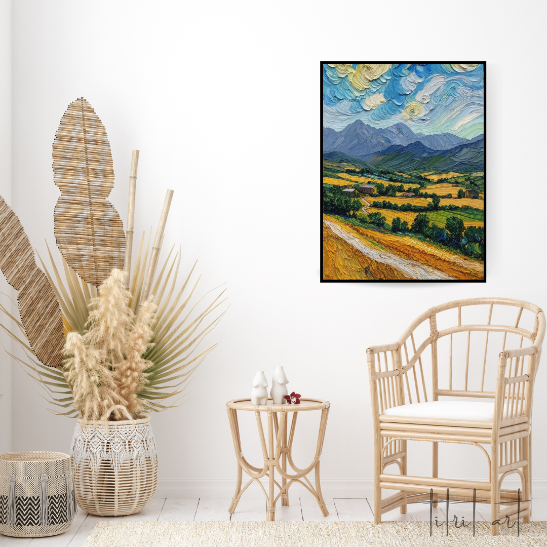 Vallée dorée au pied des montagnes – Peinture au couteau