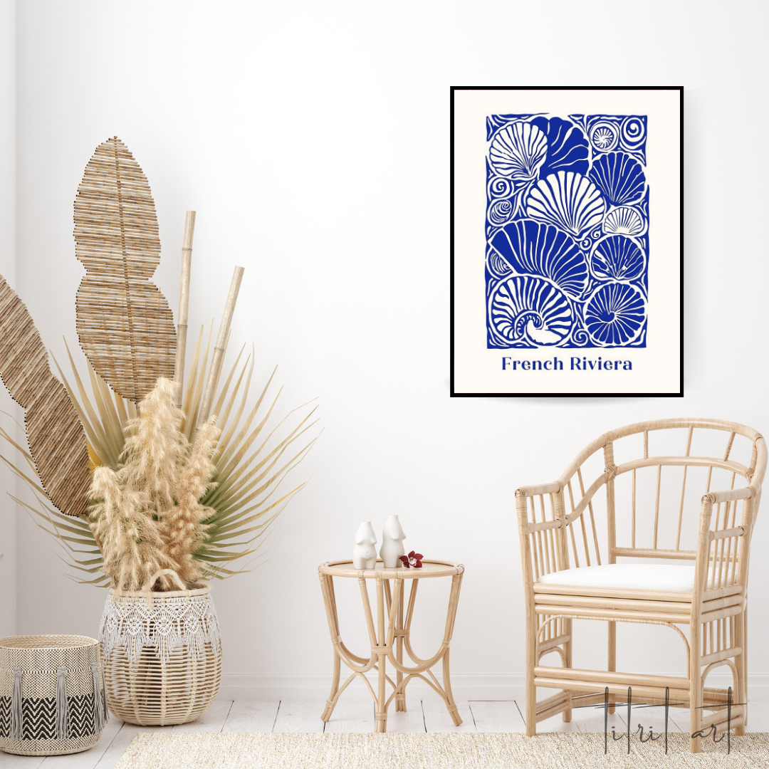 Affiche French Riviera – Illustration artistique coquillages bleus Titrit Art