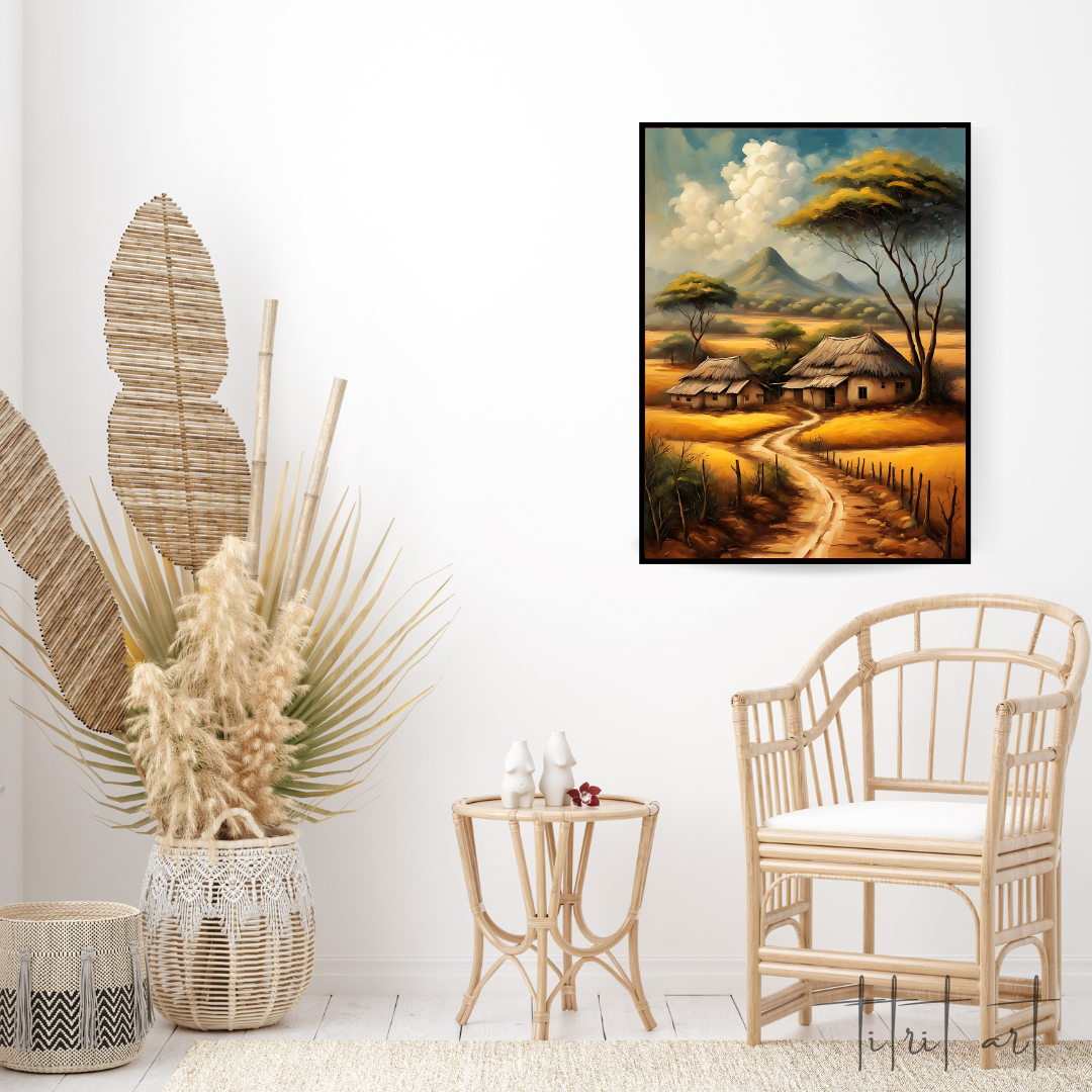 Tableau Déco – Village Africain Traditionnel au Paysage Doré