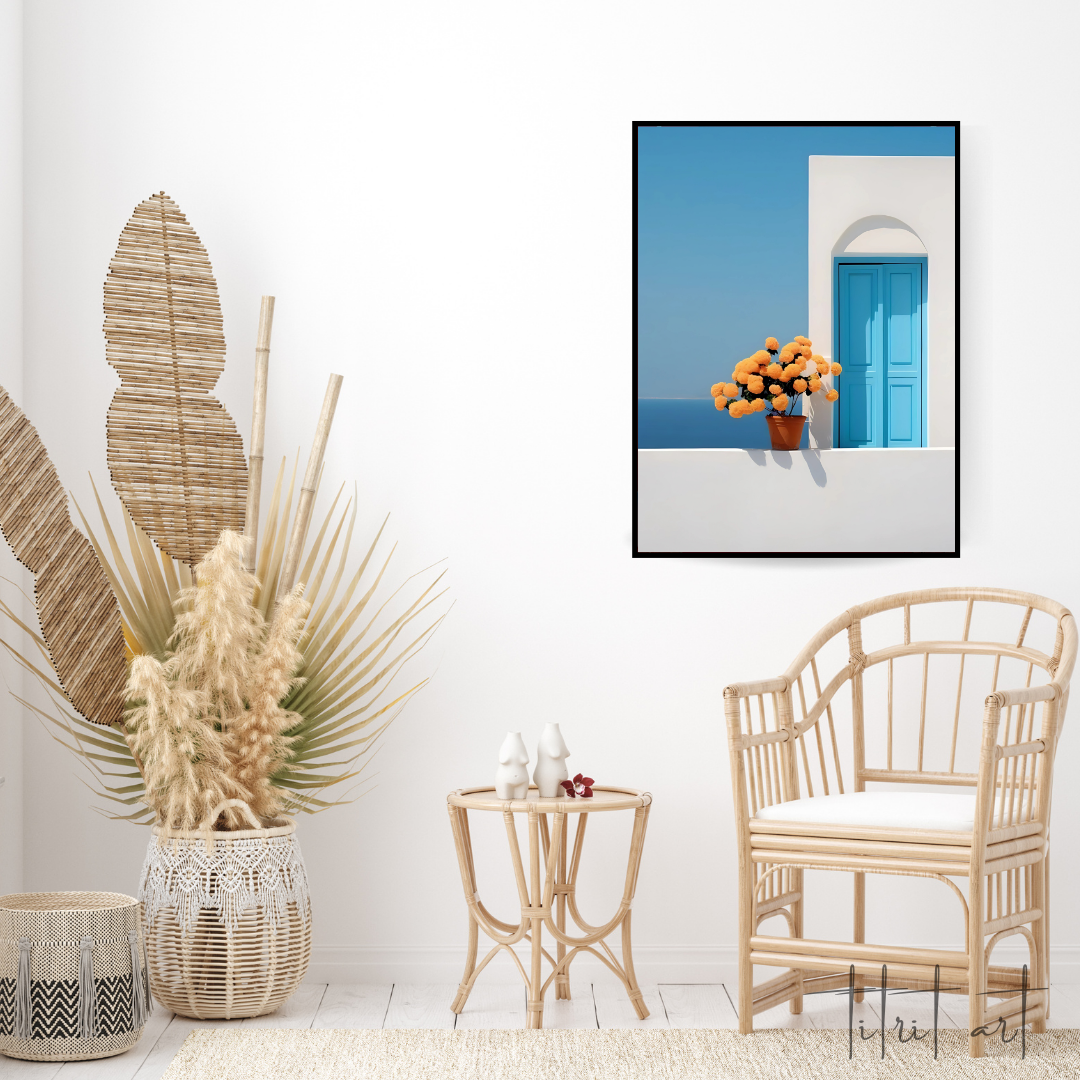 Peinture Murale Méditerranéenne – Porte Bleue et Fleurs Jaunes face à la Mer