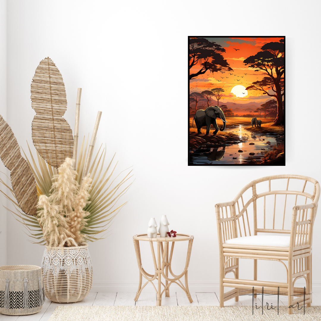Tableau Déco – Safari Africain au Coucher du Soleil avec Éléphants