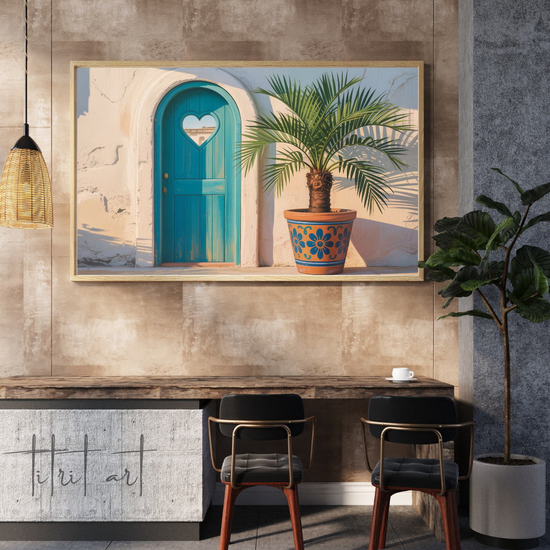 Porte turquoise et palmier – Tableau décoratif méditerranéen