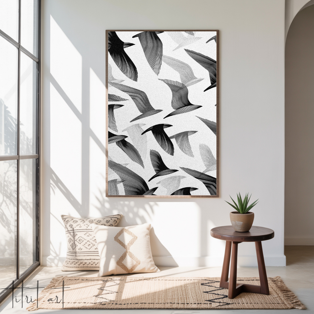 Affiche Murale Abstraite – Oiseaux en Vol Noir & Blanc