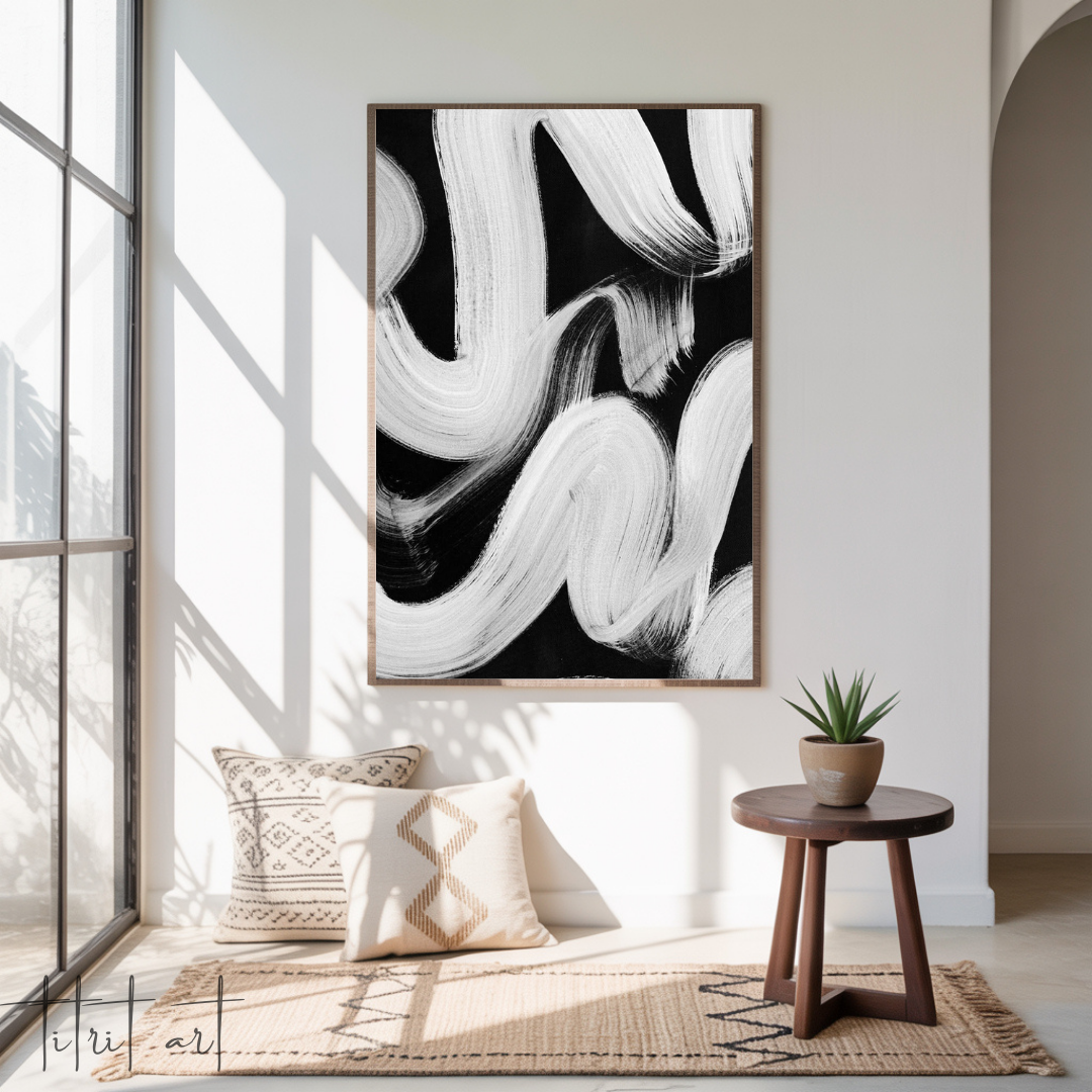 Affiche Murale Abstraite – Traits au Pinceau Noir & Blanc