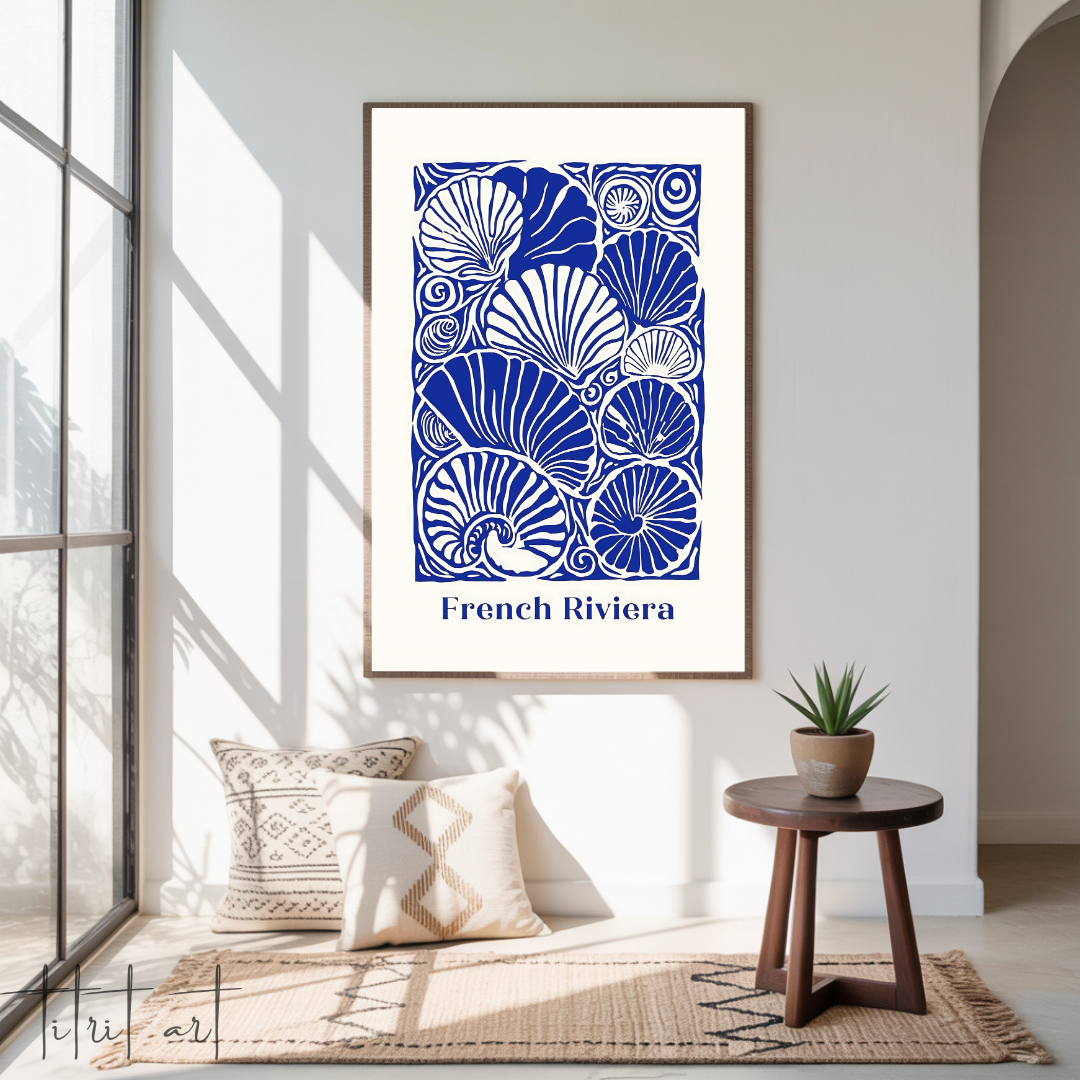 Affiche French Riviera – Illustration artistique coquillages bleus Titrit Art