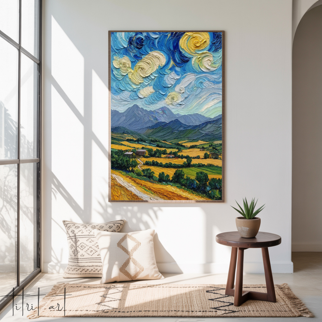 Vallée dorée au pied des montagnes – Peinture au couteau