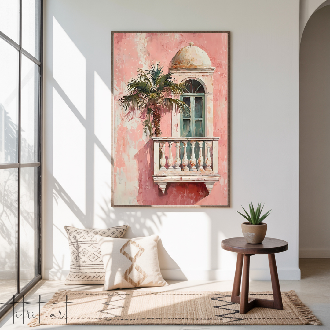 Peinture Murale Balcon Méditerranéen – Façade Rose et Palmier