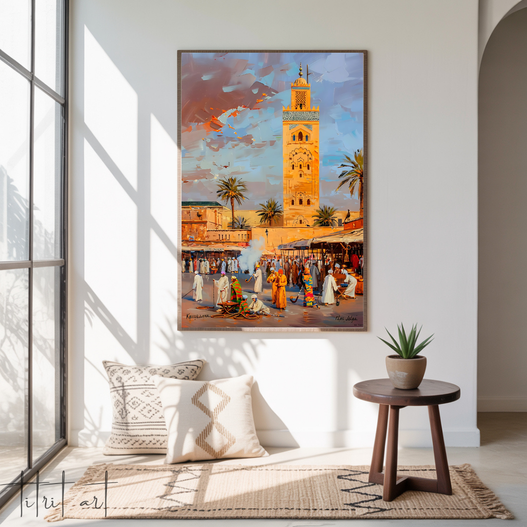 Peinture Murale Marrakech – Scène du Souk avec la Koutoubia
