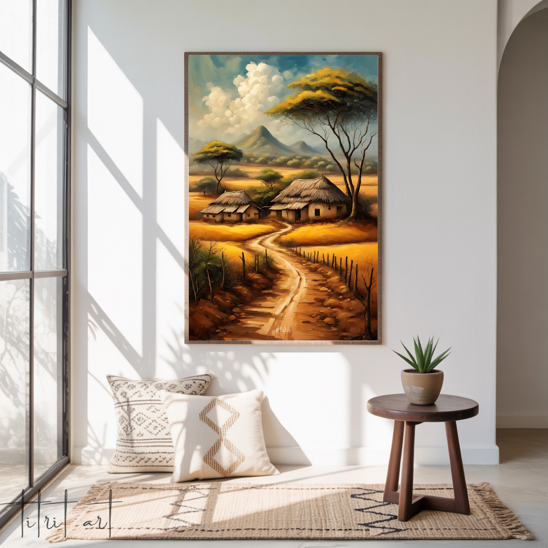 Tableau Déco – Village Africain Traditionnel au Paysage Doré