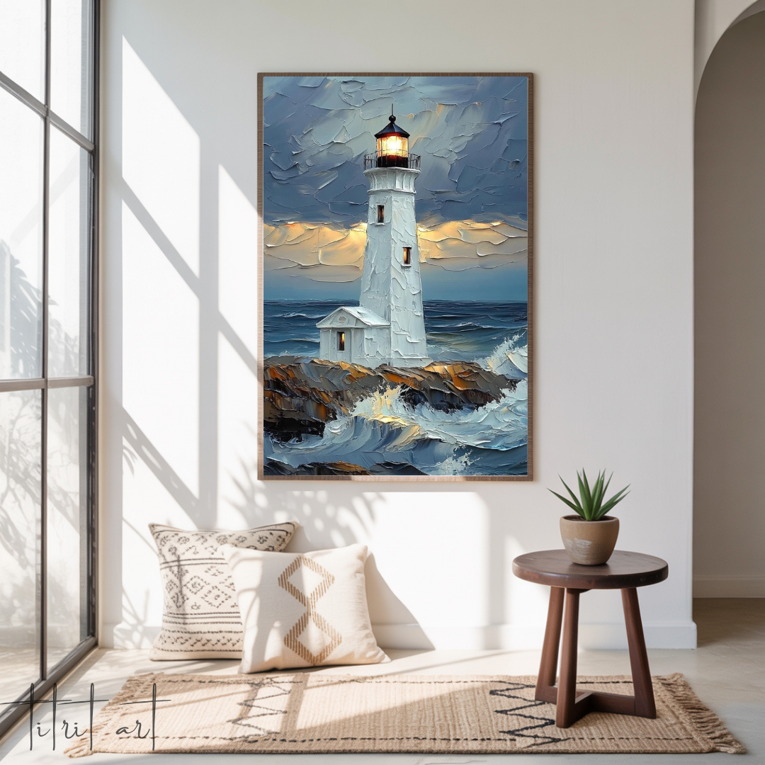Radiant Lighthouse – Textured Seascape Oil Painting