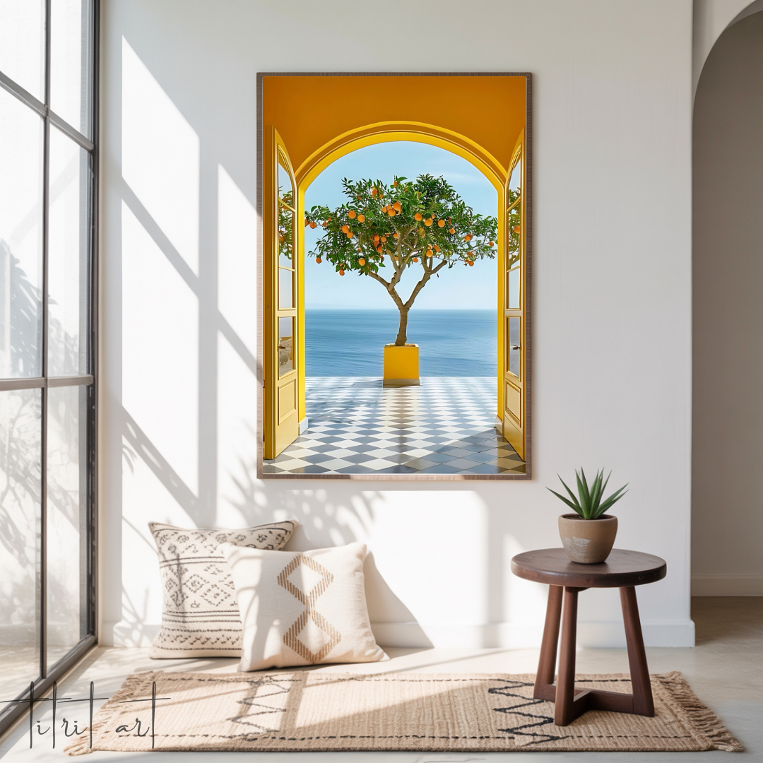 Peinture Murale Méditerranéenne – Porte Jaune et Oranger face à la Mer