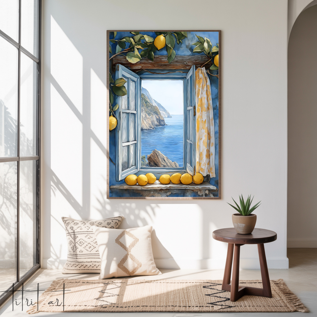 Peinture Murale Méditerranéenne – Fenêtre Bleue avec Citrons et Vue sur la Mer