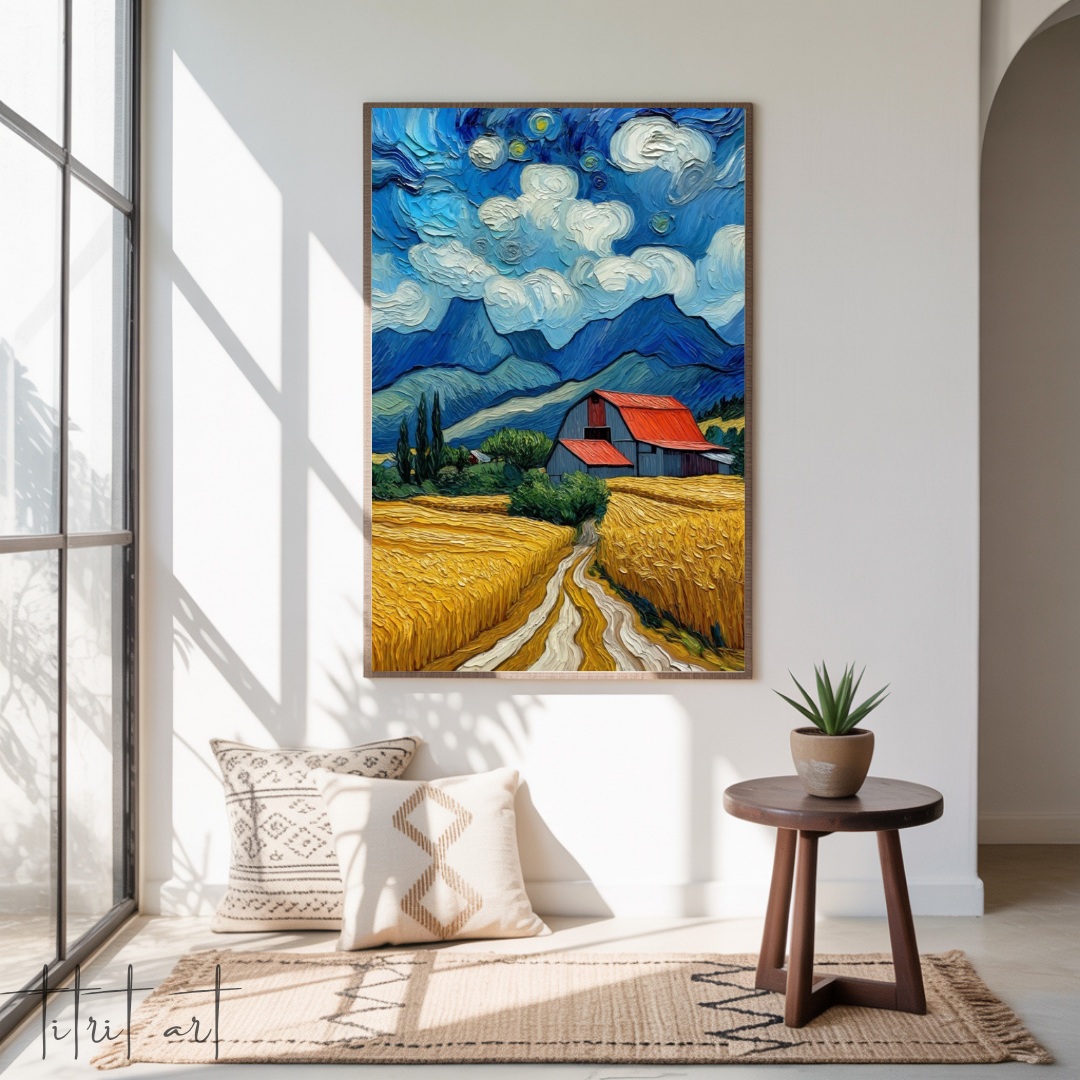 Champ Doré sous Ciel Tourbillonnant – Peinture Texturée Style Van Gogh