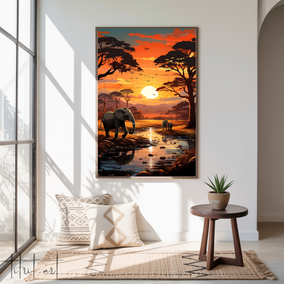 Tableau Déco – Safari Africain au Coucher du Soleil avec Éléphants