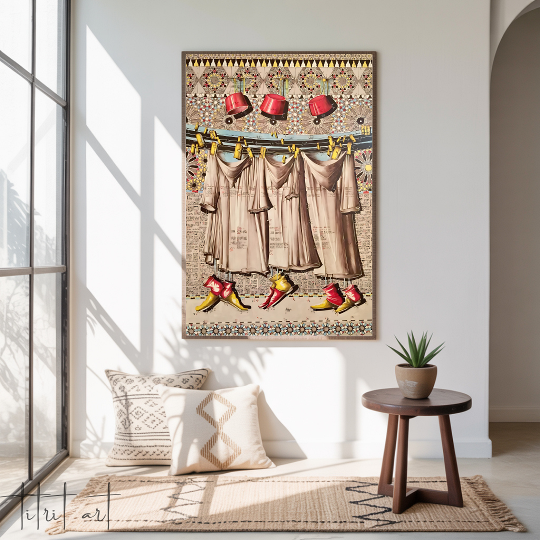 Tableau Déco – Caftans Suspendus et Babouches Marocaines