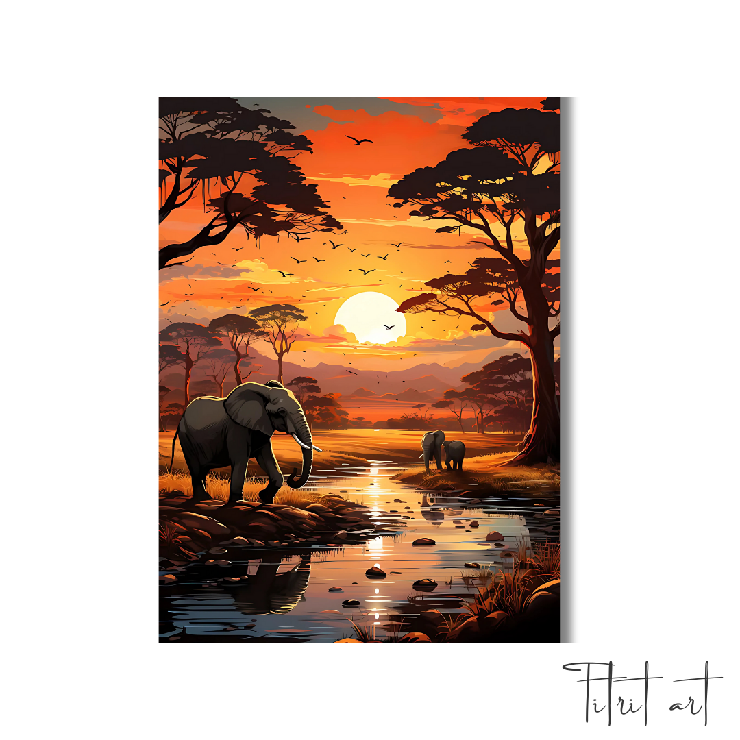 Tableau Déco – Safari Africain au Coucher du Soleil avec Éléphants