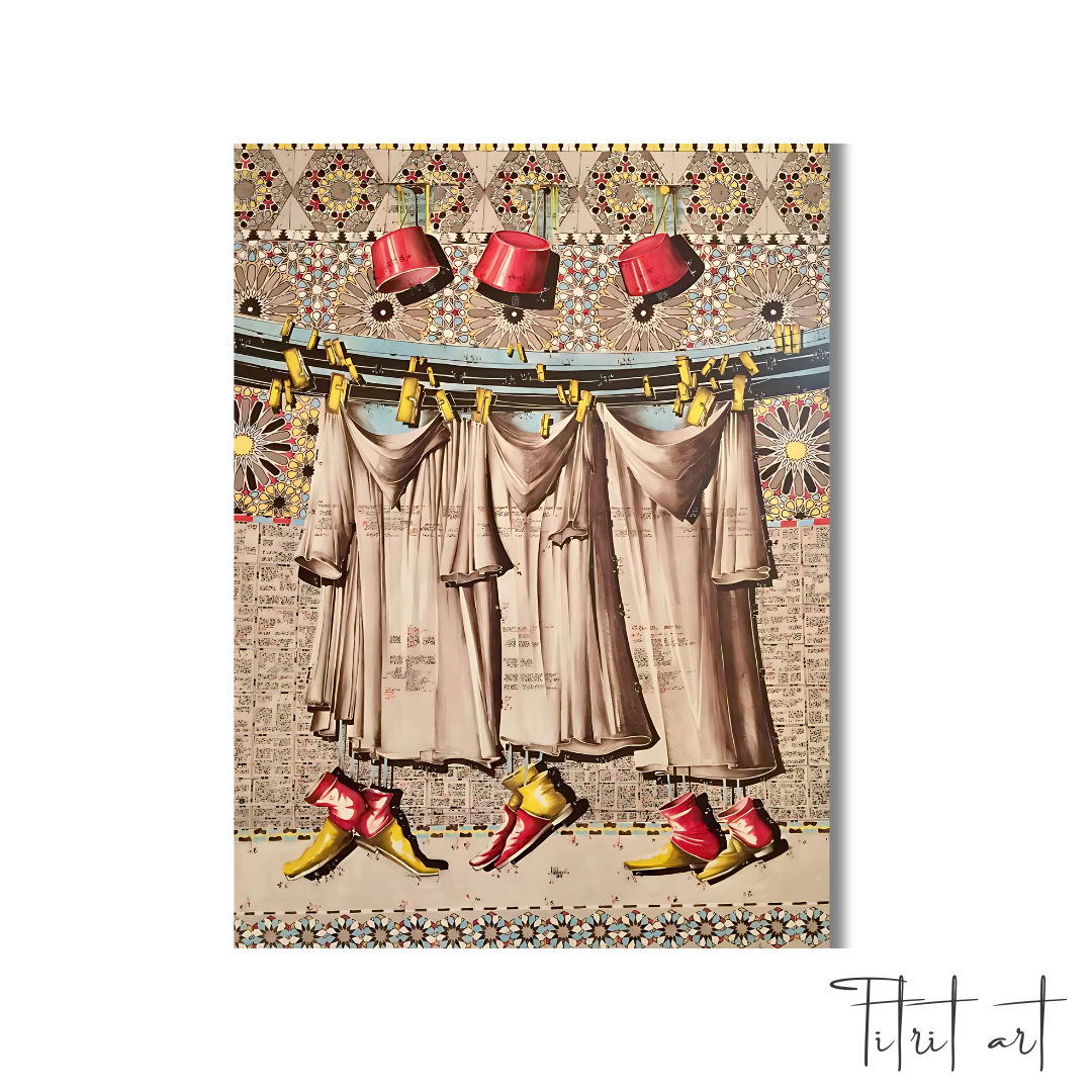 Tableau Déco – Caftans Suspendus et Babouches Marocaines