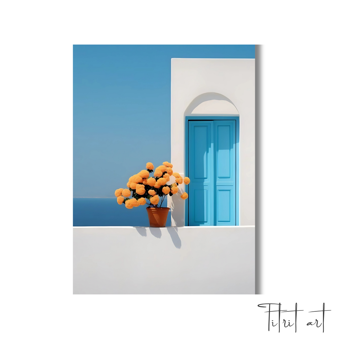 Peinture Murale Méditerranéenne – Porte Bleue et Fleurs Jaunes face à la Mer