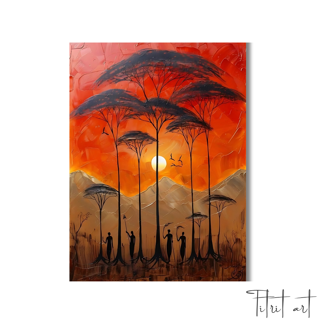 Tableau Coucher de Soleil Africain – Silhouettes et Arbres
