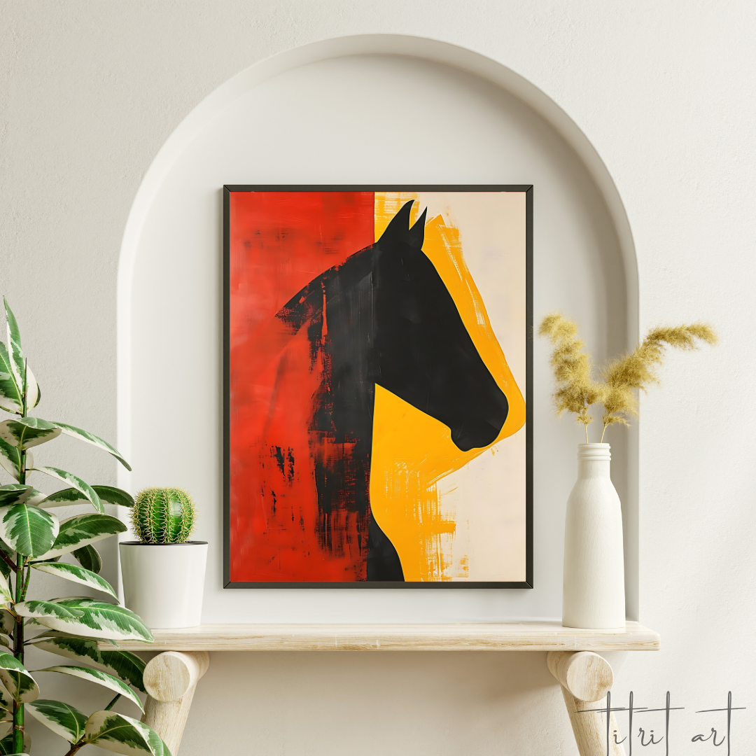Tableau Silhouette Équestre Abstraite – Rouge et Jaune