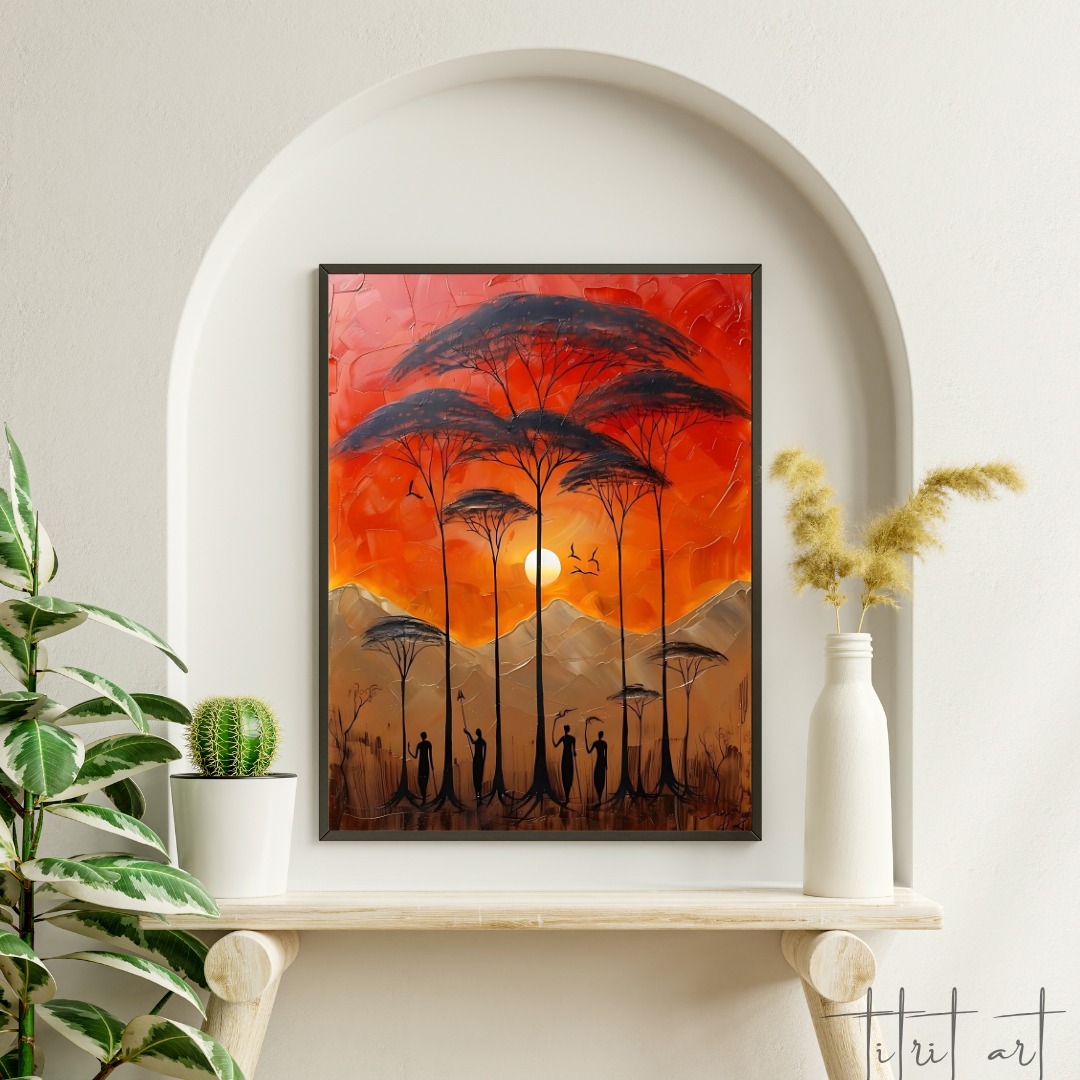 Tableau Coucher de Soleil Africain – Silhouettes et Arbres