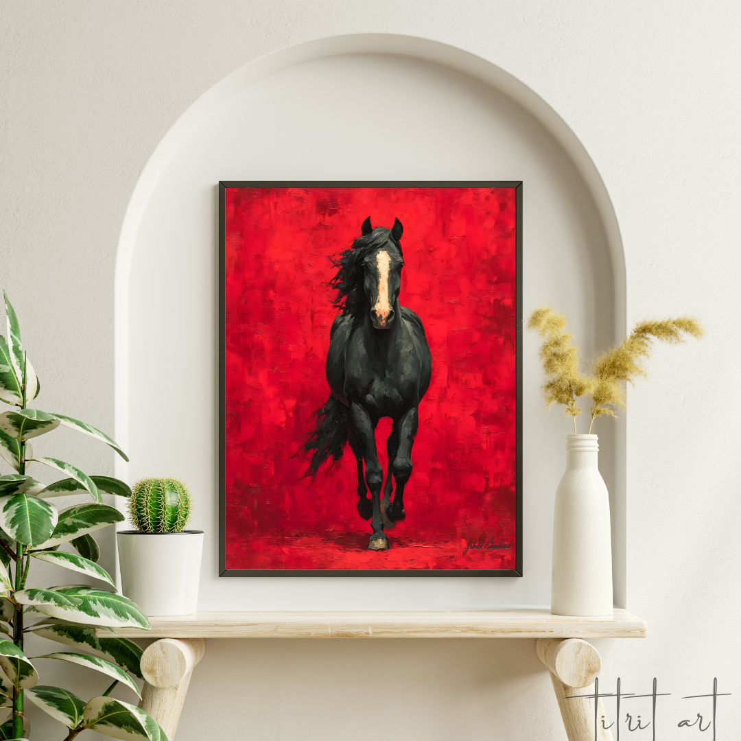 Cheval Noir en Mouvement – Fond Rouge Intense | Titrit Art