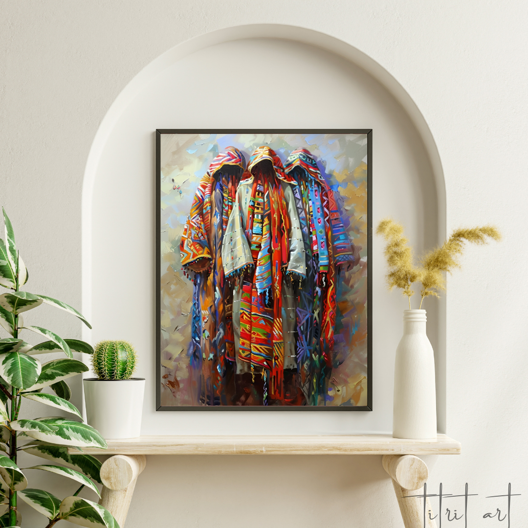 Tableau Déco – Figures en Djellaba et Tissus Berbères Colorés