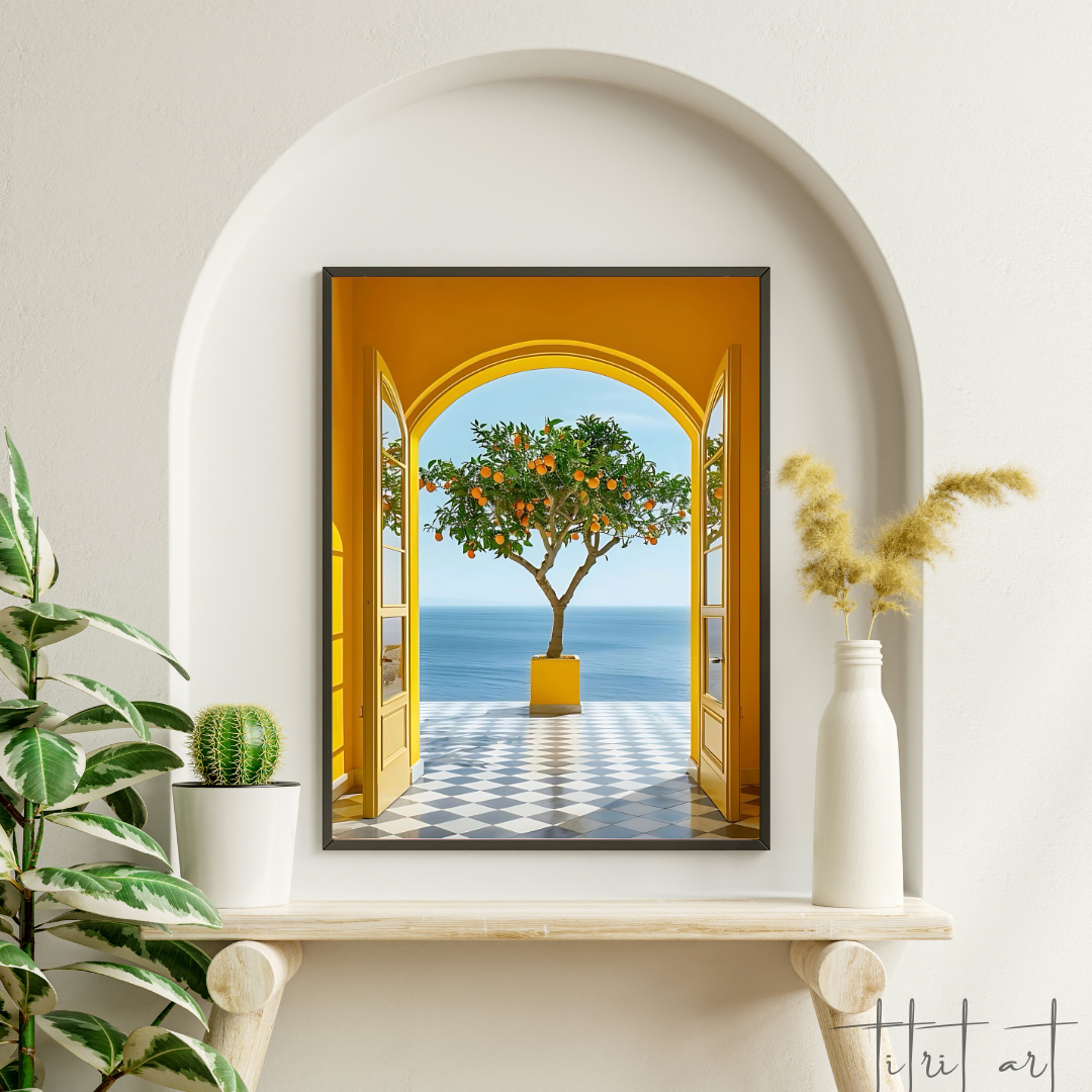 Peinture Murale Méditerranéenne – Porte Jaune et Oranger face à la Mer