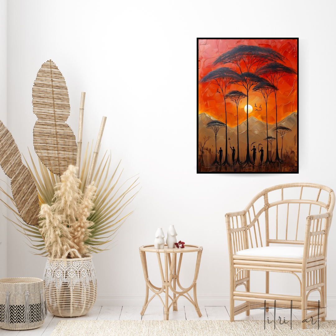 Tableau Coucher de Soleil Africain – Silhouettes et Arbres