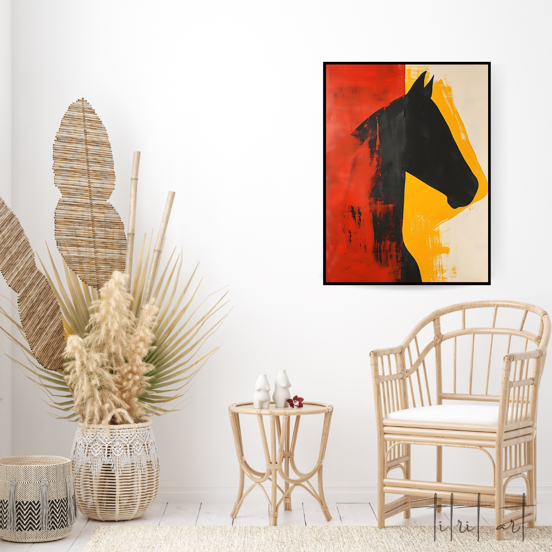 Tableau Silhouette Équestre Abstraite – Rouge et Jaune