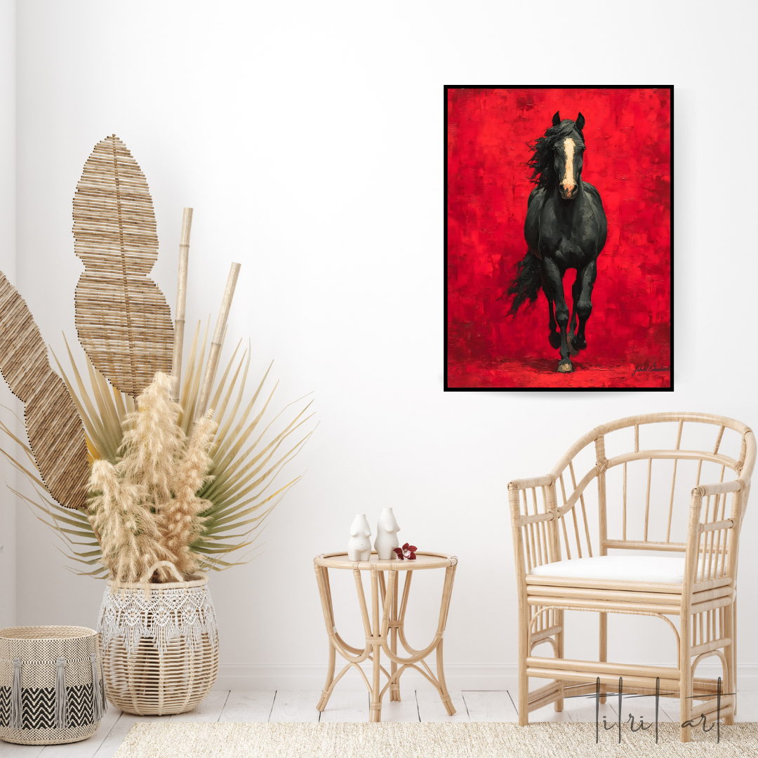 Cheval Noir en Mouvement – Fond Rouge Intense | Titrit Art