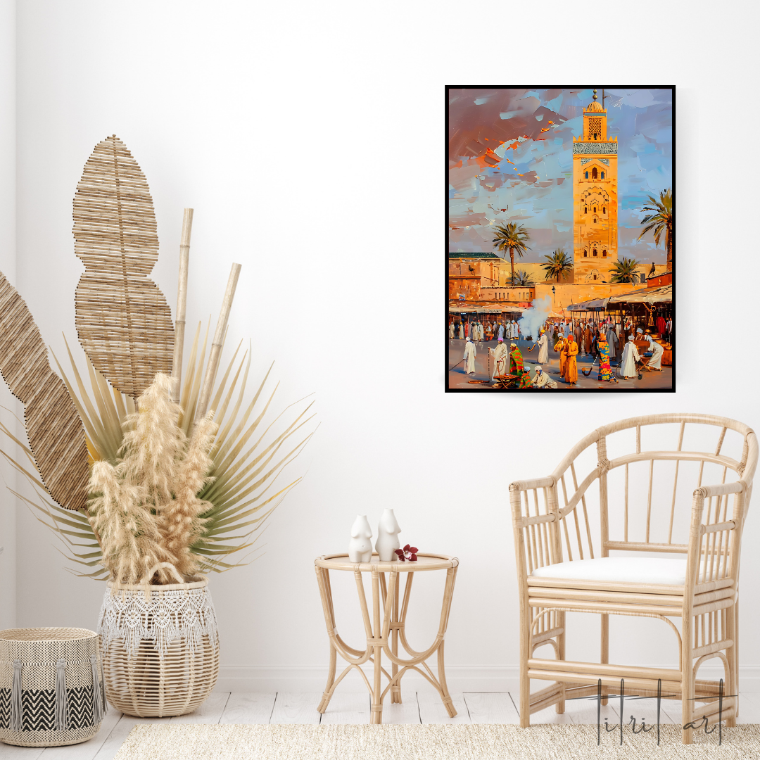 Peinture Murale Marrakech – Scène du Souk avec la Koutoubia