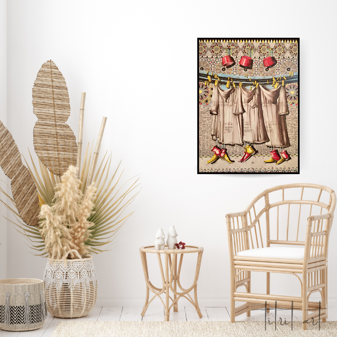 Tableau Déco – Caftans Suspendus et Babouches Marocaines